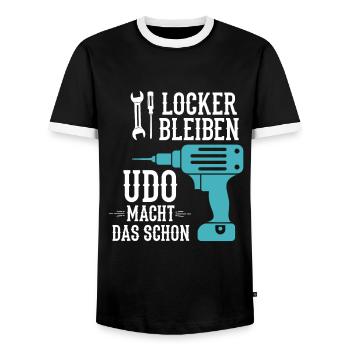 Udo Macht Das Schon Werkstatt Hausmeister - Männer Kontrast-T-Shirt - Schwarz/Weiß - Vorne - AI Model Female 172 light (172cm) & AI Model Male 178 light (178cm)