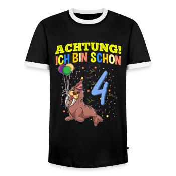 Achtung Ich Bin Schon 4 Tier Geburtstag Walross - Männer Kontrast-T-Shirt - Schwarz/Weiß - Vorne - AI Model Female 172 light (172cm) & AI Model Male 178 light (178cm)