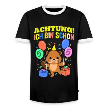 Achtung Ich Bin Schon 5 Geburtstag Biber - Männer Kontrast-T-Shirt - Schwarz/Weiß - Vorne - AI Model Female 172 light (172cm) & AI Model Male 178 light (178cm)