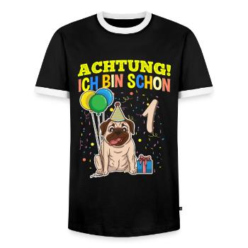 Achtung Ich Bin Schon 1 Tier Geburtstag Mops - Männer Kontrast-T-Shirt - Schwarz/Weiß - Vorne - AI Model Female 172 light (172cm) & AI Model Male 178 light (178cm)