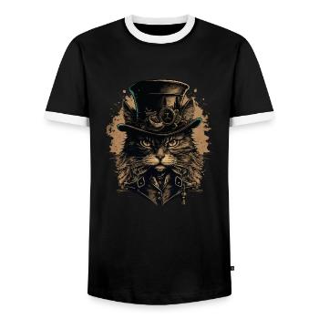 Chat Steampunk - T-shirt contrasté Homme - noir/blanc - Devant - AI Model Female 172 light (172cm) & AI Model Male 178 light (178cm)