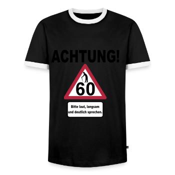 60. Geburtstag – Achtung, langsam sprechen (3f) - Männer Kontrast-T-Shirt - Schwarz/Weiß - Vorne - AI Model Female 172 light (172cm) & AI Model Male 178 light (178cm)