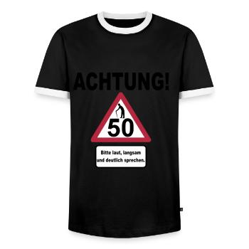 50. Geburtstag – Achtung, langsam sprechen (3f) - Männer Kontrast-T-Shirt - Schwarz/Weiß - Vorne - AI Model Female 172 light (172cm) & AI Model Male 178 light (178cm)