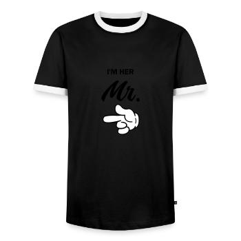in her mr - Men's Ringer Shirt - black/white - Front - AI Model Female 172 light (172cm) & AI Model Male 178 light (178cm)