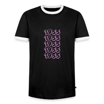 Born in 1955 - Men's Ringer Shirt - black/white - Front - AI Model Female 172 light (172cm) & AI Model Male 178 light (178cm)