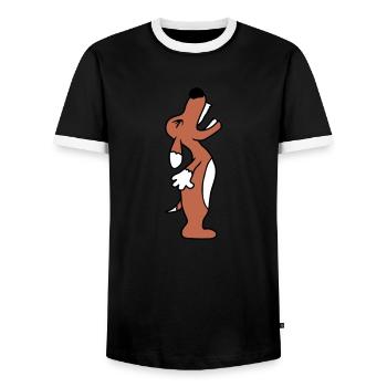 Dog angrily yelling upwards barking loudly yapping - Men's Ringer Shirt - black/white - Front - AI Model Female 172 light (172cm) & AI Model Male 178 light (178cm)