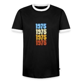 Born in 1975 - Men's Ringer Shirt - black/white - Front - AI Model Female 172 light (172cm) & AI Model Male 178 light (178cm)