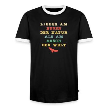 Better on the bosom of nature than on the ass of the world - Men's Ringer Shirt - black/white - Front - AI Model Female 172 light (172cm) & AI Model Male 178 light (178cm)