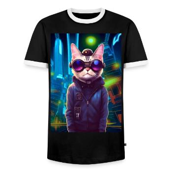 Techno Cat In Japan Neon City - Männer Kontrast-T-Shirt - Schwarz/Weiß - Vorne - AI Model Female 172 light (172cm) & AI Model Male 178 light (178cm)