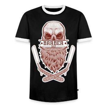 A skull with a beard, framed by razor blades. - Men's Ringer Shirt - black/white - Front - AI Model Female 172 light (172cm) & AI Model Male 178 light (178cm)