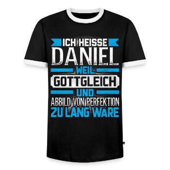 DANIEL - Gottgleich - Männer Kontrast-T-Shirt - Schwarz/Weiß - Vorne - AI Model Female 172 light (172cm) & AI Model Male 178 light (178cm)