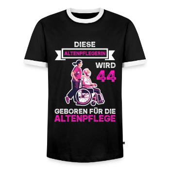 44 Geburtstag Altenpflegerin Altenpflege 44 Jahre - Männer Kontrast-T-Shirt - Schwarz/Weiß - Vorne - AI Model Female 172 light (172cm) & AI Model Male 178 light (178cm)