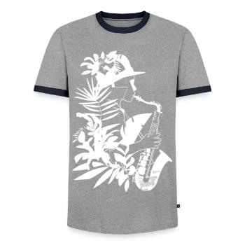 Female Saxophonist Comic Look - Men's Ringer Shirt - grey/navy  - Front - AI Model Female 172 light (172cm) & AI Model Male 178 light (178cm)