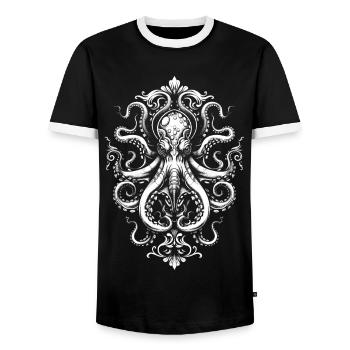 Octopus Ornament – Tattoo in White - Men's Ringer Shirt - black/white - Front - AI Model Female 172 light (172cm) & AI Model Male 178 light (178cm)