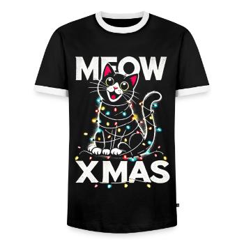 Miau Weihnachten süße Katze in Lichter gewickelt Weihnachten T-Shirt - Männer Kontrast-T-Shirt - Schwarz/Weiß - Vorne - AI Model Female 172 light (172cm) & AI Model Male 178 light (178cm)