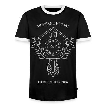 Modern Home Cuckoo Clock Elemental Folk - Men's Ringer Shirt - black/white - Front - AI Model Female 172 light (172cm) & AI Model Male 178 light (178cm)