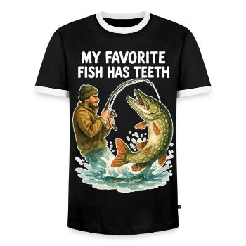 Angler Pike Watercolor – My favorite fish has teeth - Men's Ringer Shirt - black/white - Front - AI Model Female 172 light (172cm) & AI Model Male 178 light (178cm)