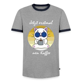 Kaffee Katze - Männer Kontrast-T-Shirt - Grau/Navy  - Vorne - AI Model Female 172 light (172cm) & AI Model Male 178 light (178cm)