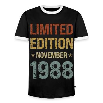Édition Limitée Fête d’Anniversaire Vintage 1988 - T-shirt contrasté Homme - noir/blanc - Devant - AI Model Female 172 light (172cm) & AI Model Male 178 light (178cm)