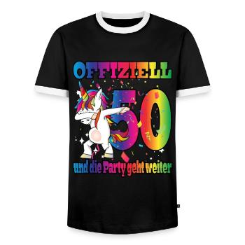 Offiziell 50 und die Party geht weiter - Einhorn - Männer Kontrast-T-Shirt - Schwarz/Weiß - Vorne - AI Model Female 172 light (172cm) & AI Model Male 178 light (178cm)