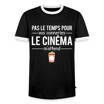 Pas le temps pour vos conneries le cinéma m'attend - T-shirt contrasté Homme - noir/blanc - Devant - AI Model Female 172 light (172cm) & AI Model Male 178 light (178cm)