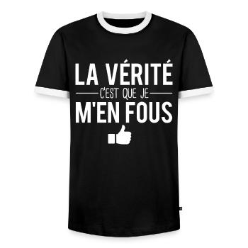 La vérité c'est que je m'en fous rien à foutre - T-shirt contrasté Homme - noir/blanc - Devant - AI Model Female 172 light (172cm) & AI Model Male 178 light (178cm)