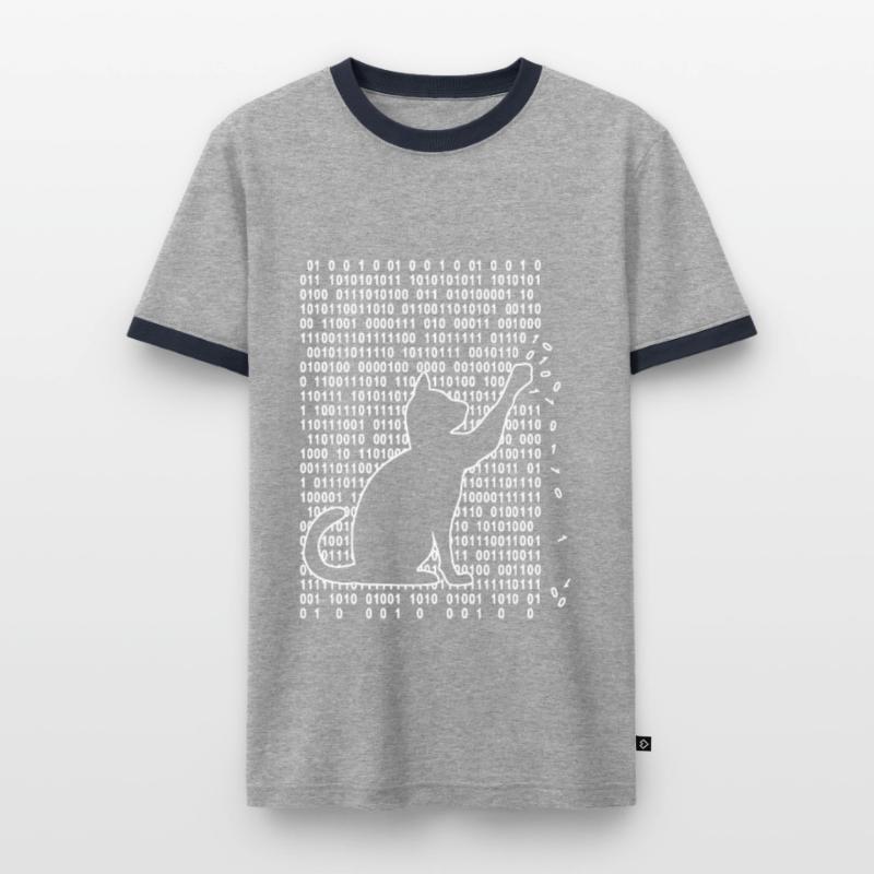 Cat in the system Cat plays with binary code Men's Ringer Shirt