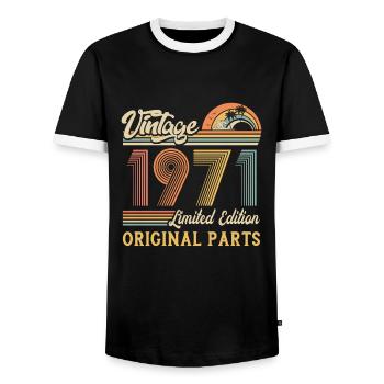 Vintage 1971 limited edition original parts - Men's Ringer Shirt - black/white - Front - AI Model Female 172 light (172cm) & AI Model Male 178 light (178cm)