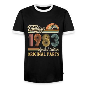 Vintage 1983 limited edition original parts - Men's Ringer Shirt - black/white - Front - AI Model Female 172 light (172cm) & AI Model Male 178 light (178cm)