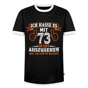 73 Jahre Geschenk 73. Geburtstag Lustig Geschenk - Männer Kontrast-T-Shirt - Schwarz/Weiß - Vorne - AI Model Female 172 light (172cm) & AI Model Male 178 light (178cm)