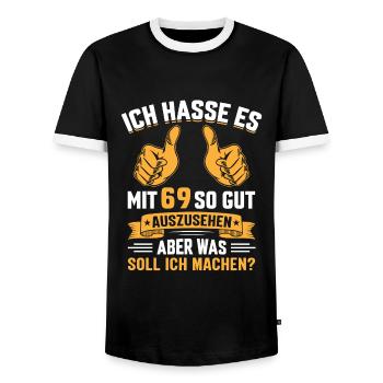 69. Geburtstag Mann Frau 69 Jahre - Männer Kontrast-T-Shirt - Schwarz/Weiß - Vorne - AI Model Female 172 light (172cm) & AI Model Male 178 light (178cm)
