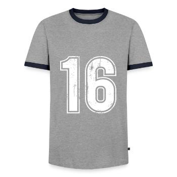 16 Jahre Retro Trikot Nummer 16 T-hirt Nummer - Männer Kontrast-T-Shirt - Grau/Navy  - Vorne - AI Model Female 172 light (172cm) & AI Model Male 178 light (178cm)