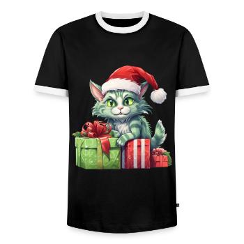 Katze Weihnachten Weihnachtselfe Geschenke Mütze - Männer Kontrast-T-Shirt - Schwarz/Weiß - Vorne - AI Model Female 172 light (172cm) & AI Model Male 178 light (178cm)