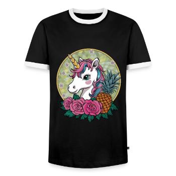 Süßes Cartoon Kawaii Einhorn mit Rosen & Ananas - Männer Kontrast-T-Shirt - Schwarz/Weiß - Vorne - AI Model Female 172 light (172cm) & AI Model Male 178 light (178cm)