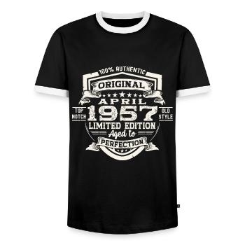 66 Birthday Man Original April Born 1957 - Men's Ringer Shirt - black/white - Front - AI Model Female 172 light (172cm) & AI Model Male 178 light (178cm)