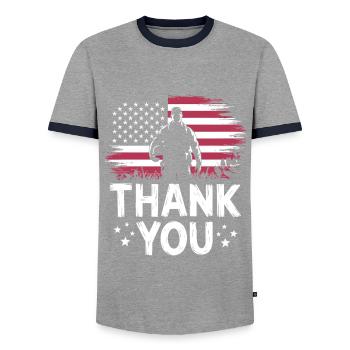 Soldat militaire vétéran - T-shirt contrasté Homme - gris/marine  - Devant - AI Model Female 172 light (172cm) & AI Model Male 178 light (178cm)