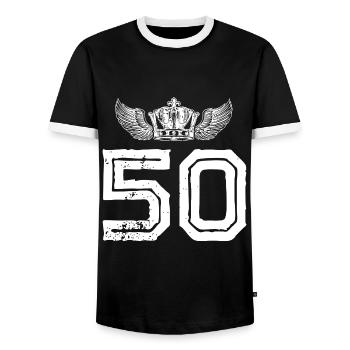 50 number crown - Men's Ringer Shirt - black/white - Front - AI Model Female 172 light (172cm) & AI Model Male 178 light (178cm)