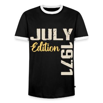 Juillet 1971 Chemise D’anniversaire Juillet 1971 - T-shirt contrasté Homme - noir/blanc - Devant - AI Model Female 172 light (172cm) & AI Model Male 178 light (178cm)