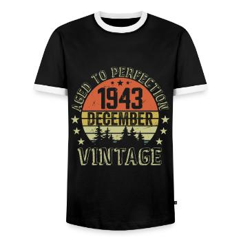 Retro Birthday Gift - Born In December 1943 - Men's Ringer Shirt - black/white - Front - AI Model Female 172 light (172cm) & AI Model Male 178 light (178cm)