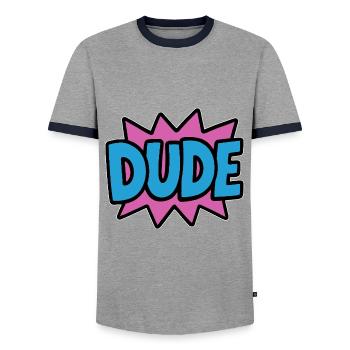 Dude Lettering Retro Bro Brother - Men's Ringer Shirt - grey/navy  - Front - AI Model Female 172 light (172cm) & AI Model Male 178 light (178cm)
