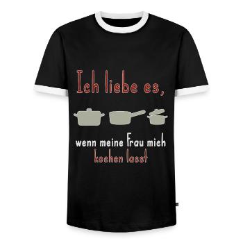 Mann kocht Spruch meine Frau - Männer Kontrast-T-Shirt - Schwarz/Weiß - Vorne - AI Model Female 172 light (172cm) & AI Model Male 178 light (178cm)