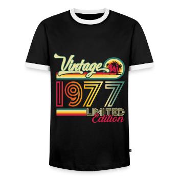 Original vintage 1977 45th birthday gift - Men's Ringer Shirt - black/white - Front - AI Model Female 172 light (172cm) & AI Model Male 178 light (178cm)