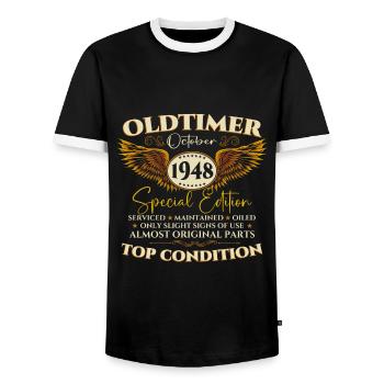 Oldtimer Octobre 1948 Cadeau du 74e anniversaire - T-shirt contrasté Homme - noir/blanc - Devant - AI Model Female 172 light (172cm) & AI Model Male 178 light (178cm)
