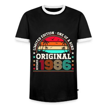 Original November 1986 36th Birthday Gift - Men's Ringer Shirt - black/white - Front - AI Model Female 172 light (172cm) & AI Model Male 178 light (178cm)