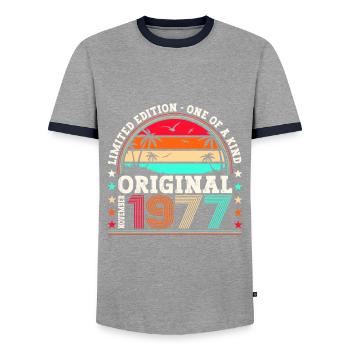 Original November 1977 45th birthday gift - Men's Ringer Shirt - grey/navy  - Front - AI Model Female 172 light (172cm) & AI Model Male 178 light (178cm)
