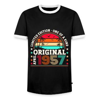 66th birthday Mann Original April Born 1957 - Men's Ringer Shirt - black/white - Front - AI Model Female 172 light (172cm) & AI Model Male 178 light (178cm)