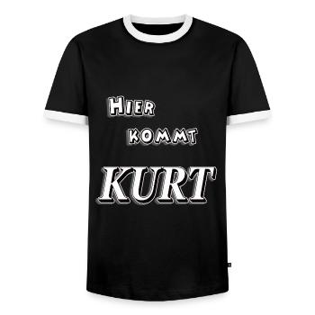 Here comes kurt t-shirt tshirt tee shirt first name - Men's Ringer Shirt - black/white - Front - AI Model Female 172 light (172cm) & AI Model Male 178 light (178cm)