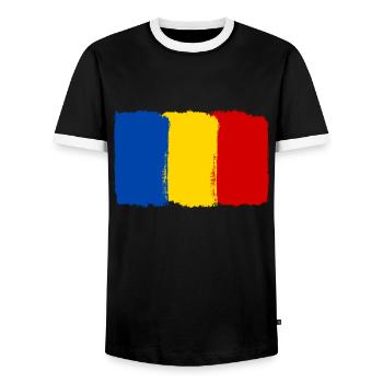 Romania flag used look - Men's Ringer Shirt - black/white - Front - AI Model Female 172 light (172cm) & AI Model Male 178 light (178cm)