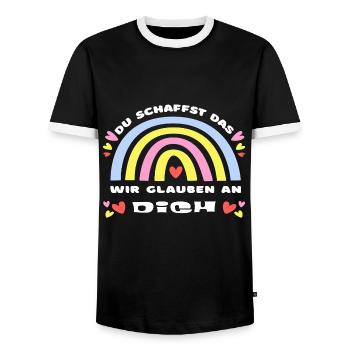 GLÜCKSBRINGER Du schaffst das! Wir glauben an dich - Männer Kontrast-T-Shirt - Schwarz/Weiß - Vorne - AI Model Female 172 light (172cm) & AI Model Male 178 light (178cm)