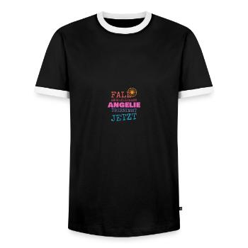First name Angelie - Men's Ringer Shirt - black/white - Front - AI Model Female 172 light (172cm) & AI Model Male 178 light (178cm)